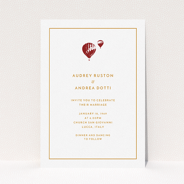 A personalised wedding invitation design called "Off and away". It is an A5 invite in a portrait orientation. "Off and away" is available as a flat invite, with tones of white and orange.