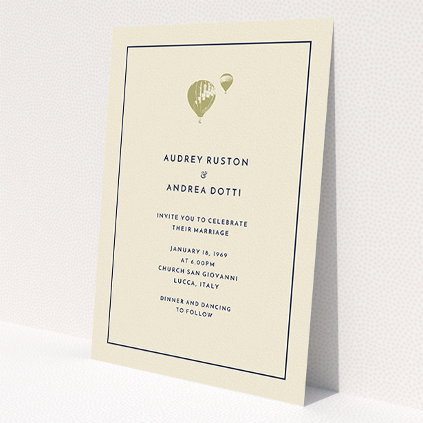 A personalised wedding invitation design titled 'Off and away'. It is an A5 invite in a portrait orientation. 'Off and away' is available as a flat invite, with tones of cream and gold.