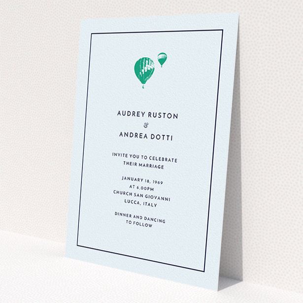 A personalised wedding invitation called 'Off and away'. It is an A5 invite in a portrait orientation. 'Off and away' is available as a flat invite, with mainly white colouring.