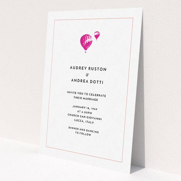 A personalised wedding invitation named 'Off and away'. It is an A5 invite in a portrait orientation. 'Off and away' is available as a flat invite, with tones of white and pink.