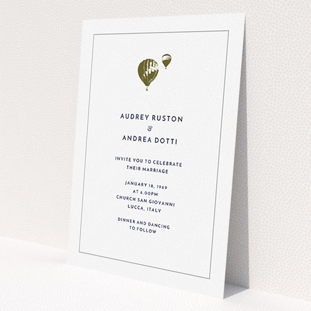 A personalised wedding invitation design named 'Off and away'. It is an A5 invite in a portrait orientation. 'Off and away' is available as a flat invite, with mainly white colouring.