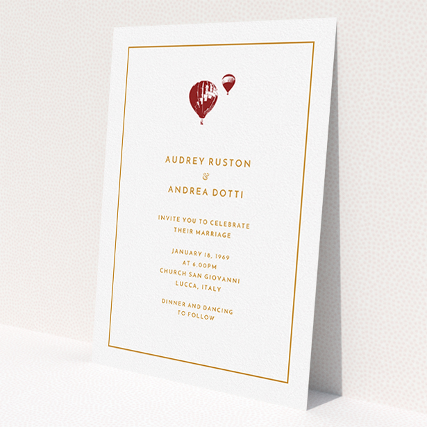 A personalised wedding invitation design called 'Off and away'. It is an A5 invite in a portrait orientation. 'Off and away' is available as a flat invite, with tones of white and orange.