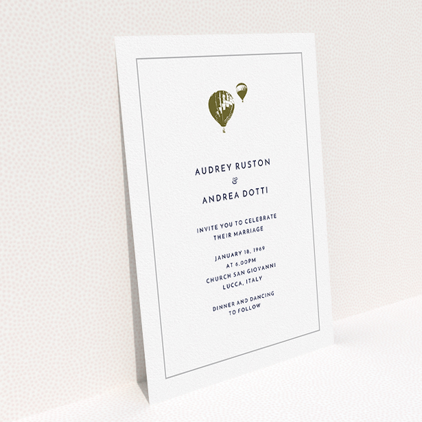 A personalised wedding invitation design named "Off and away". It is an A5 invite in a portrait orientation. "Off and away" is available as a flat invite, with mainly white colouring.