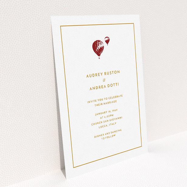 A personalised wedding invitation design called "Off and away". It is an A5 invite in a portrait orientation. "Off and away" is available as a flat invite, with tones of white and orange.