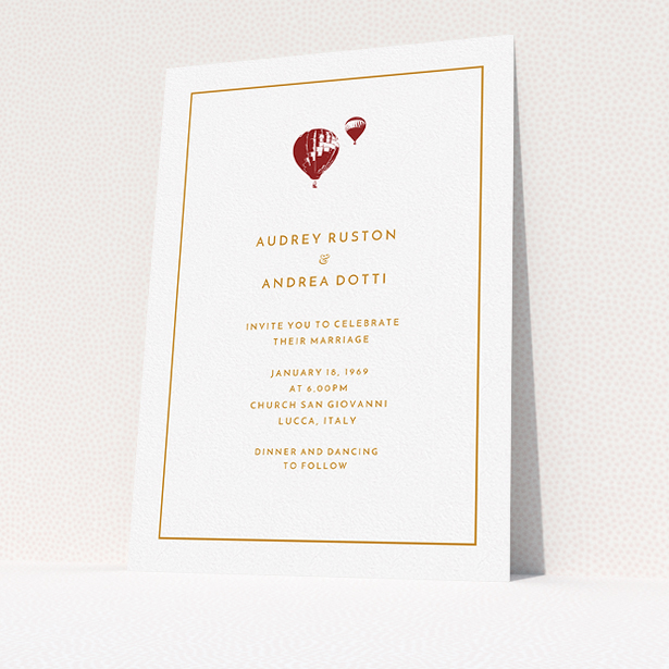 A personalised wedding invitation design called "Off and away". It is an A5 invite in a portrait orientation. "Off and away" is available as a flat invite, with tones of white and orange.