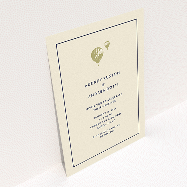 A personalised wedding invitation design titled "Off and away". It is an A5 invite in a portrait orientation. "Off and away" is available as a flat invite, with tones of cream and gold.