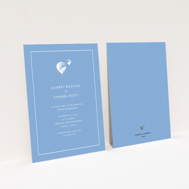A personalised wedding invitation named "Off and away". It is an A5 invite in a portrait orientation. "Off and away" is available as a flat invite, with tones of blue and white.