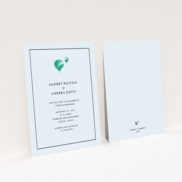 A personalised wedding invitation called "Off and away". It is an A5 invite in a portrait orientation. "Off and away" is available as a flat invite, with mainly white colouring.