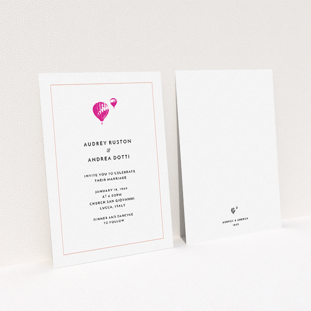A personalised wedding invitation named "Off and away". It is an A5 invite in a portrait orientation. "Off and away" is available as a flat invite, with tones of white and pink.
