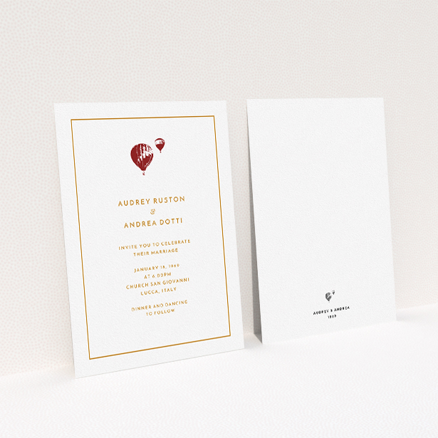 A personalised wedding invitation design called "Off and away". It is an A5 invite in a portrait orientation. "Off and away" is available as a flat invite, with tones of white and orange.