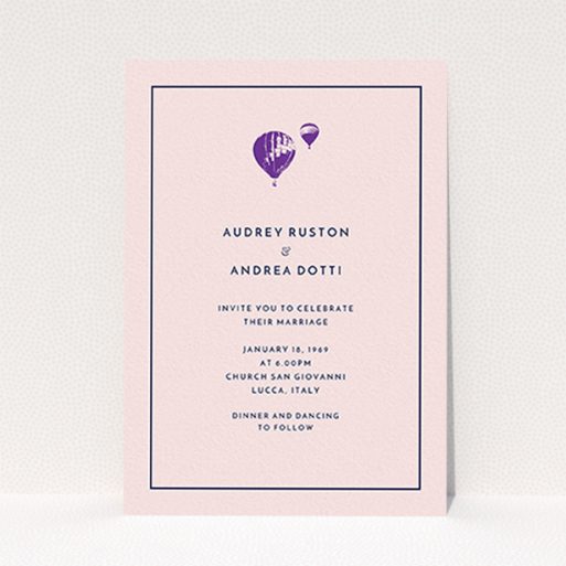 A personalised wedding invitation named "Off and away". It is an A6 invite in a portrait orientation. "Off and away" is available as a flat invite, with tones of pink, purple and midnight blue.