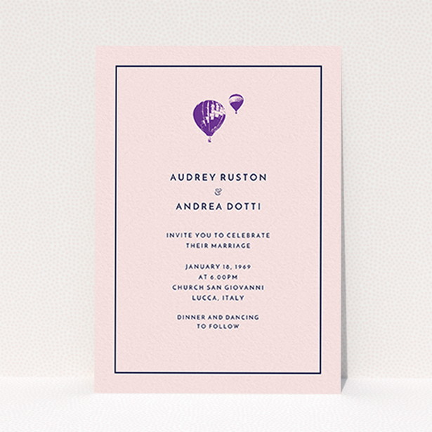 A personalised wedding invitation named "Off and away". It is an A6 invite in a portrait orientation. "Off and away" is available as a flat invite, with tones of pink, purple and midnight blue.