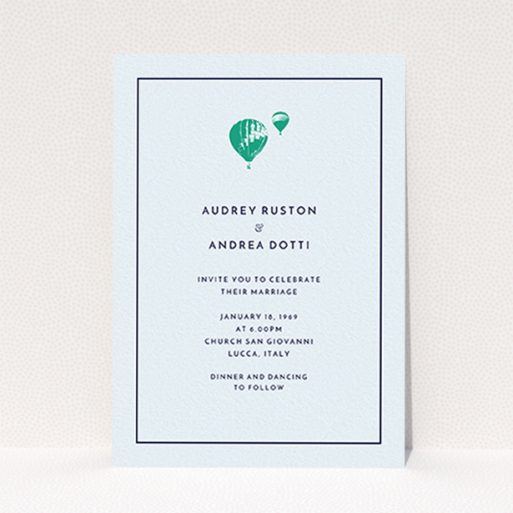 A personalised wedding invitation named "Off and away". It is an A6 invite in a portrait orientation. "Off and away" is available as a flat invite, with mainly white colouring.