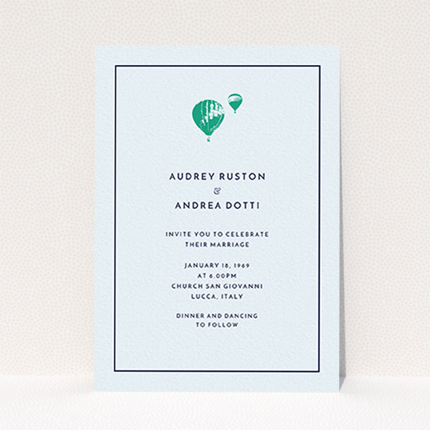 A personalised wedding invitation named "Off and away". It is an A6 invite in a portrait orientation. "Off and away" is available as a flat invite, with mainly white colouring.
