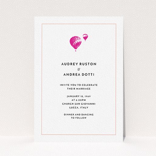 A personalised wedding invitation design titled "Off and away". It is an A6 invite in a portrait orientation. "Off and away" is available as a flat invite, with tones of white and pink.