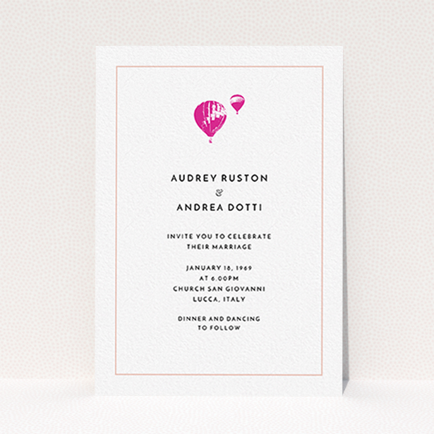 A personalised wedding invitation design titled "Off and away". It is an A6 invite in a portrait orientation. "Off and away" is available as a flat invite, with tones of white and pink.
