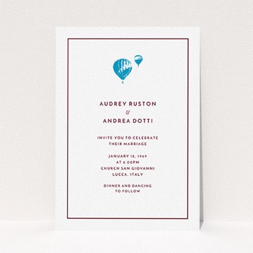 A personalised wedding invitation called "Off and away". It is an A6 invite in a portrait orientation. "Off and away" is available as a flat invite, with tones of white and blue.