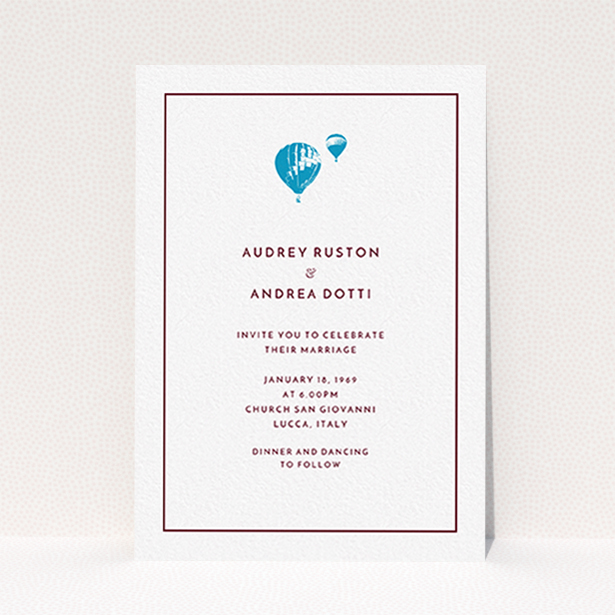 A personalised wedding invitation called "Off and away". It is an A6 invite in a portrait orientation. "Off and away" is available as a flat invite, with tones of white and blue.