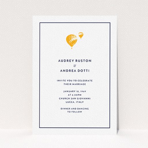 A personalised wedding invitation design named "Off and away". It is an A6 invite in a portrait orientation. "Off and away" is available as a flat invite, with tones of white and orange.