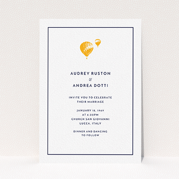 A personalised wedding invitation design named "Off and away". It is an A6 invite in a portrait orientation. "Off and away" is available as a flat invite, with tones of white and orange.