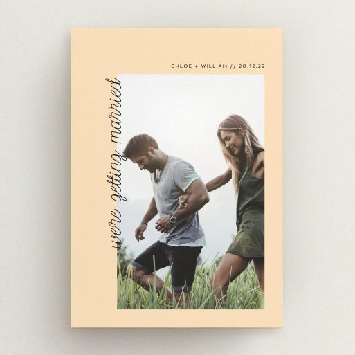 A personalised wedding invitation design called "Old Orange". It is an A5 invite in a portrait orientation. It is a photographic personalised wedding invitation with room for 1 photo. "Old Orange" is available as a flat invite, with mainly faded orange colouring.
