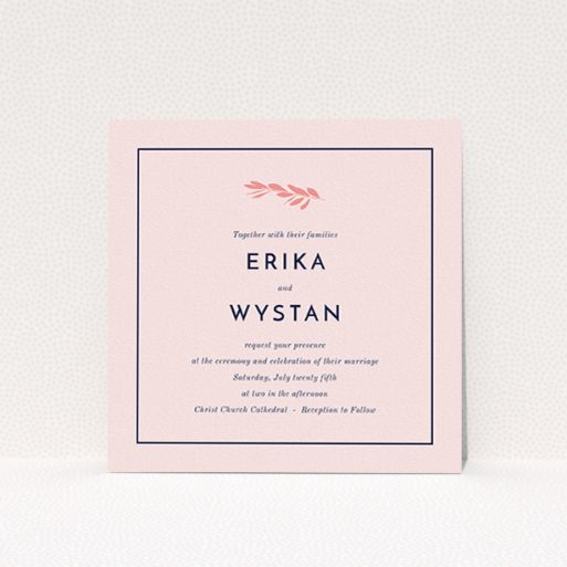 A personalised wedding invitation called "Olive branch stamp". It is a square (148mm x 148mm) invite in a square orientation. "Olive branch stamp" is available as a flat invite, with mainly pink colouring.