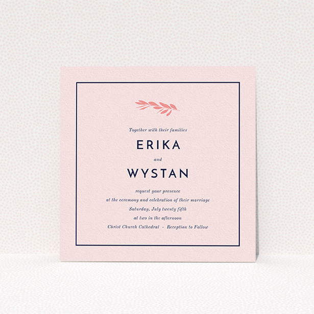 A personalised wedding invitation called "Olive branch stamp". It is a square (148mm x 148mm) invite in a square orientation. "Olive branch stamp" is available as a flat invite, with mainly pink colouring.