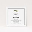 A personalised wedding invitation called "Olive branch stamp". It is a square (148mm x 148mm) invite in a square orientation. "Olive branch stamp" is available as a flat invite, with tones of white and green.