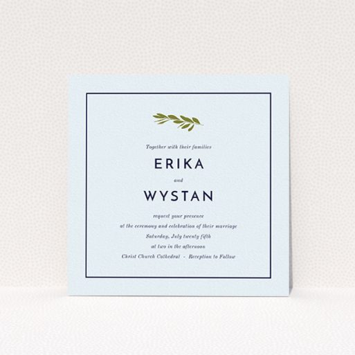 A personalised wedding invitation design named "Olive branch stamp". It is a square (148mm x 148mm) invite in a square orientation. "Olive branch stamp" is available as a flat invite, with mainly white colouring.