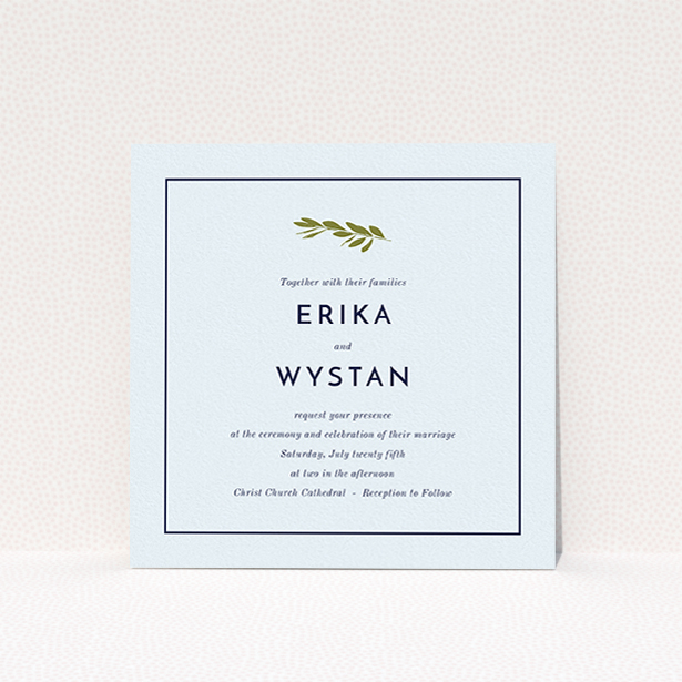 A personalised wedding invitation design named "Olive branch stamp". It is a square (148mm x 148mm) invite in a square orientation. "Olive branch stamp" is available as a flat invite, with mainly white colouring.