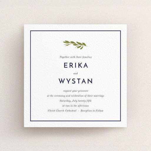 A personalised wedding invitation design named "Olive branch stamp". It is a square (148mm x 148mm) invite in a square orientation. "Olive branch stamp" is available as a flat invite, with tones of white and green.