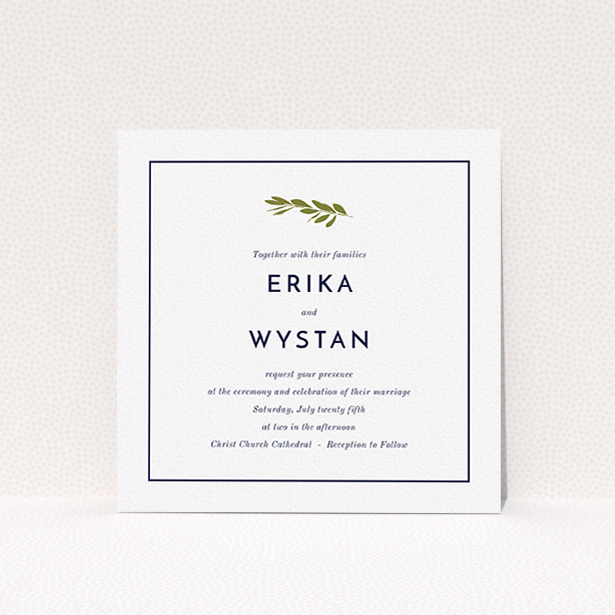 A personalised wedding invitation design named "Olive branch stamp". It is a square (148mm x 148mm) invite in a square orientation. "Olive branch stamp" is available as a flat invite, with tones of white and green.