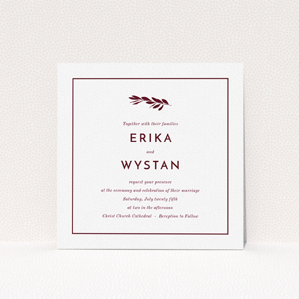 A personalised wedding invitation design called "Olive branch stamp". It is a square (148mm x 148mm) invite in a square orientation. "Olive branch stamp" is available as a flat invite, with tones of white and burgundy.