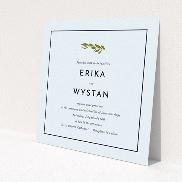 A personalised wedding invitation design named 'Olive branch stamp'. It is a square (148mm x 148mm) invite in a square orientation. 'Olive branch stamp' is available as a flat invite, with mainly white colouring.