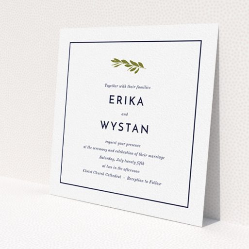 A personalised wedding invitation design named 'Olive branch stamp'. It is a square (148mm x 148mm) invite in a square orientation. 'Olive branch stamp' is available as a flat invite, with tones of white and green.