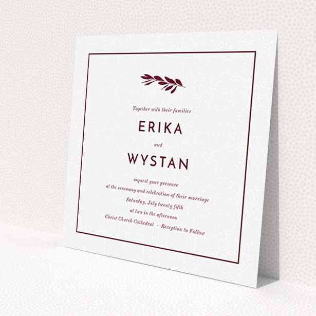 A personalised wedding invitation design called 'Olive branch stamp'. It is a square (148mm x 148mm) invite in a square orientation. 'Olive branch stamp' is available as a flat invite, with tones of white and burgundy.