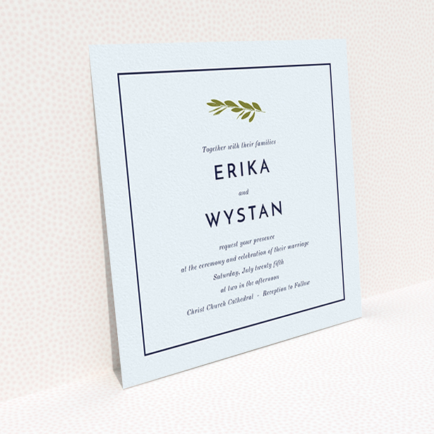 A personalised wedding invitation design named "Olive branch stamp". It is a square (148mm x 148mm) invite in a square orientation. "Olive branch stamp" is available as a flat invite, with mainly white colouring.