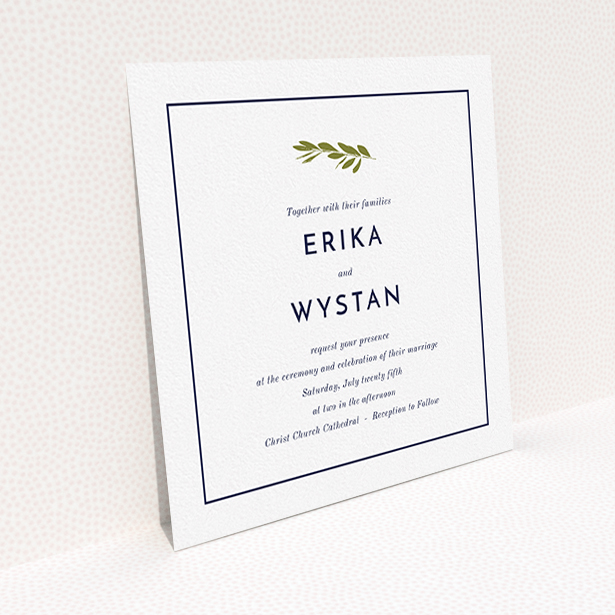 A personalised wedding invitation design named "Olive branch stamp". It is a square (148mm x 148mm) invite in a square orientation. "Olive branch stamp" is available as a flat invite, with tones of white and green.