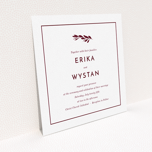 A personalised wedding invitation design called "Olive branch stamp". It is a square (148mm x 148mm) invite in a square orientation. "Olive branch stamp" is available as a flat invite, with tones of white and burgundy.