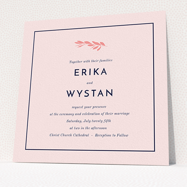 A personalised wedding invitation called "Olive branch stamp". It is a square (148mm x 148mm) invite in a square orientation. "Olive branch stamp" is available as a flat invite, with mainly pink colouring.