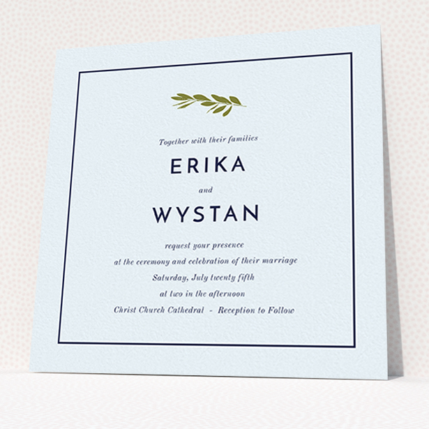 A personalised wedding invitation design named "Olive branch stamp". It is a square (148mm x 148mm) invite in a square orientation. "Olive branch stamp" is available as a flat invite, with mainly white colouring.