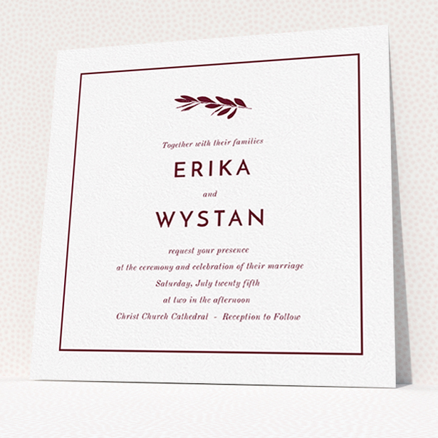 A personalised wedding invitation design called "Olive branch stamp". It is a square (148mm x 148mm) invite in a square orientation. "Olive branch stamp" is available as a flat invite, with tones of white and burgundy.