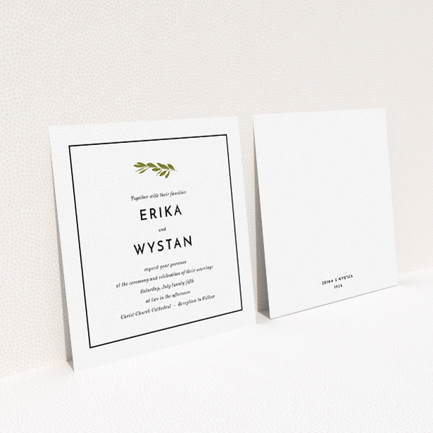 A personalised wedding invitation called "Olive branch stamp". It is a square (148mm x 148mm) invite in a square orientation. "Olive branch stamp" is available as a flat invite, with tones of white and green.