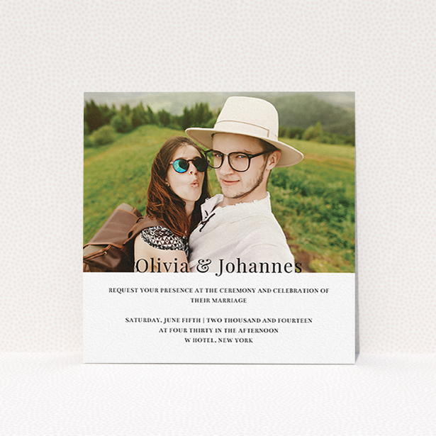 A personalised wedding invitation design called "On the fence". It is a square (148mm x 148mm) invite in a square orientation. It is a photographic personalised wedding invitation with room for 1 photo. "On the fence" is available as a flat invite, with mainly white colouring.