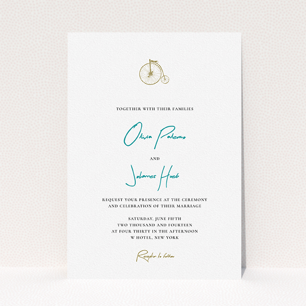 A personalised wedding invitation template titled "On your bike new". It is an A5 invite in a portrait orientation. "On your bike new" is available as a flat invite, with tones of white and green.
