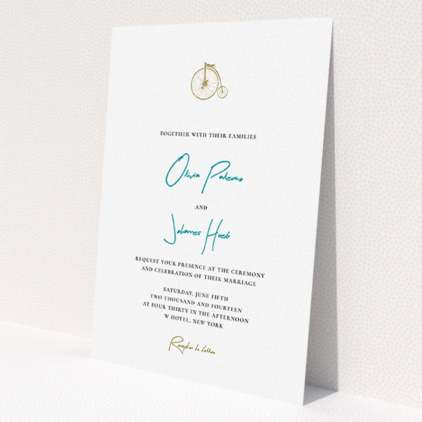 A personalised wedding invitation template titled "On your bike new". It is an A5 invite in a portrait orientation. "On your bike new" is available as a flat invite, with tones of white and green.