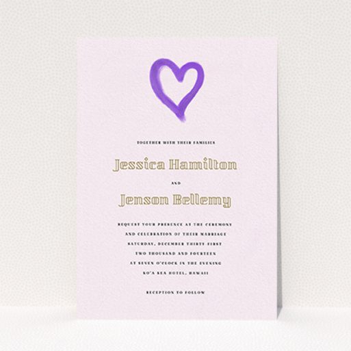A personalised wedding invitation design called "One little heart". It is an A6 invite in a portrait orientation. "One little heart" is available as a flat invite, with mainly purple/dark pink colouring.