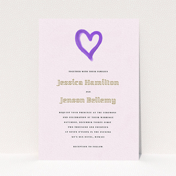 A personalised wedding invitation design called "One little heart". It is an A6 invite in a portrait orientation. "One little heart" is available as a flat invite, with mainly purple/dark pink colouring.