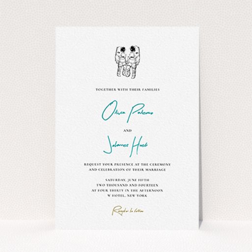 A personalised wedding invitation design named "One small step". It is an A6 invite in a portrait orientation. "One small step" is available as a flat invite, with tones of white and blue.
