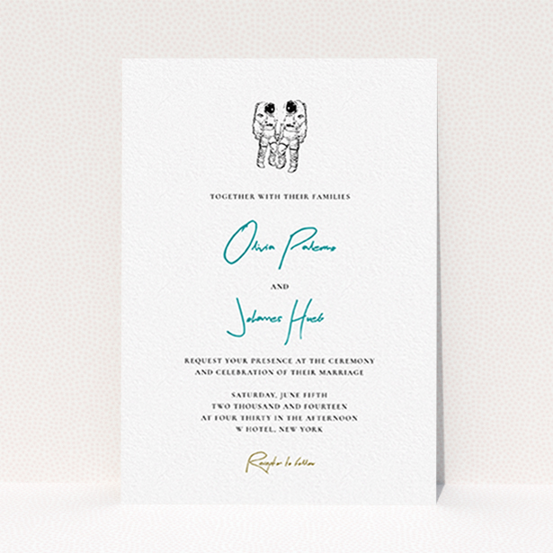 A personalised wedding invitation design named "One small step". It is an A6 invite in a portrait orientation. "One small step" is available as a flat invite, with tones of white and blue.